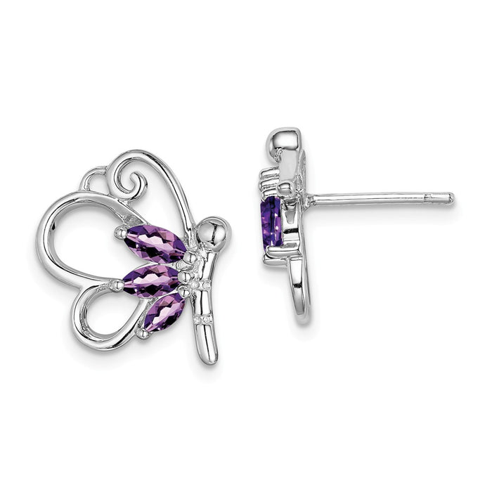 925 Sterling Silver Rhodium-Plated  Amethyst Dragonfly Earrings,