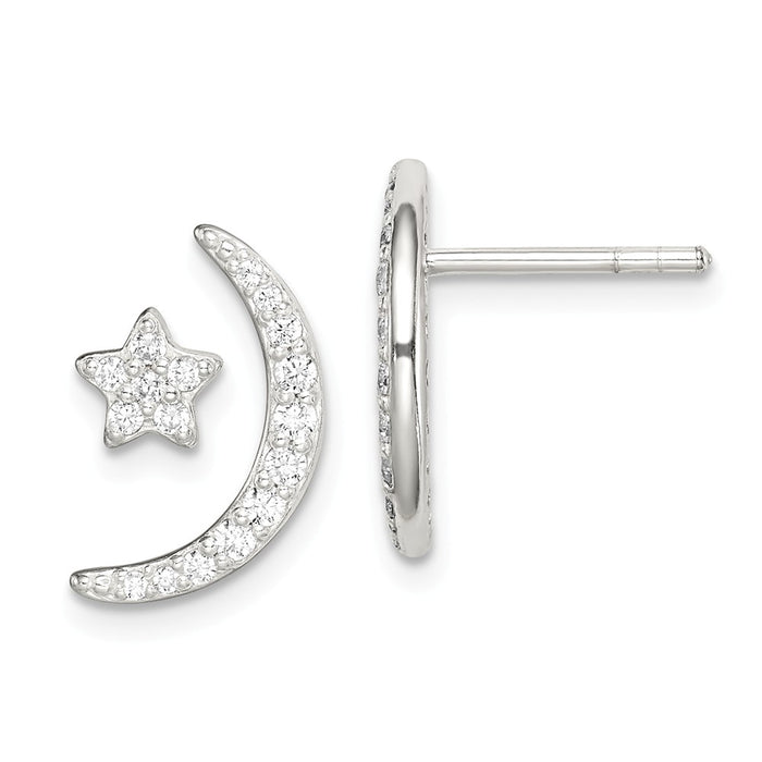 925 Sterling Silver Cubic Zirconia ( CZ ) Moon & Star Earrings,