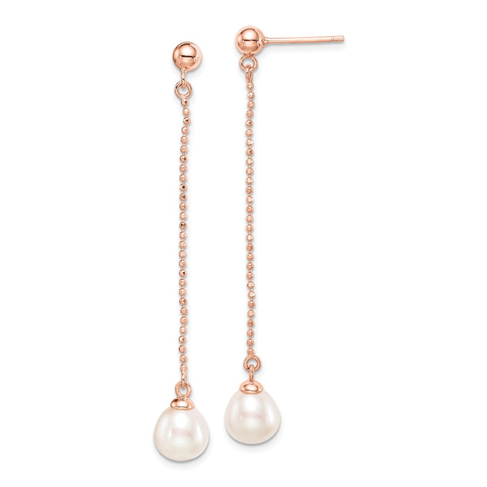 Sterling Silver Rose-tone 18k Flash-pl 7-8mm Drop Freshwater Cultured Pearl Earrings, 55mm x 7 to 8mm