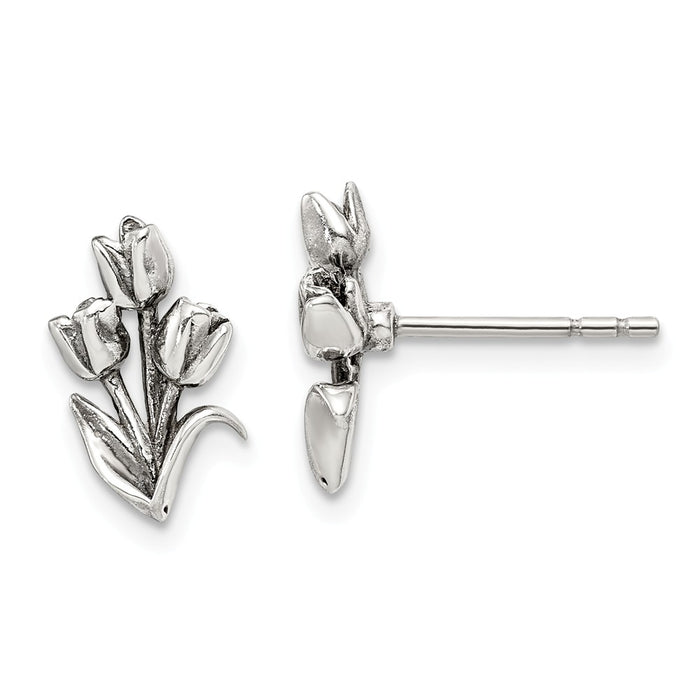 925 Sterling Silver Antiqued Tulip Post Earrings, 12.65mm x 7.55mm