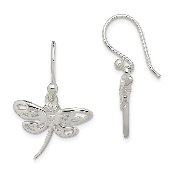 925 Sterling Silver Cubic Zirconia ( CZ ) Dragonfly Dangle Earrings,