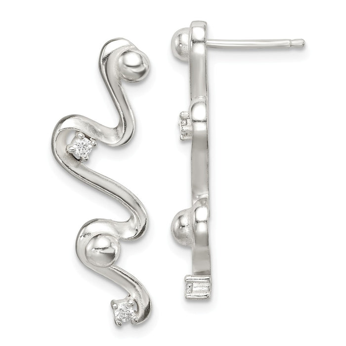 925 Sterling Silver Cubic Zirconia ( CZ ) Wave Post Dangle Earrings, 27.3mm x 8.61mm