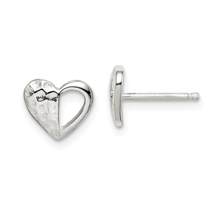 925 Sterling Silver Hammered Heart Post Earrings, 7.4mm x 8.6mm