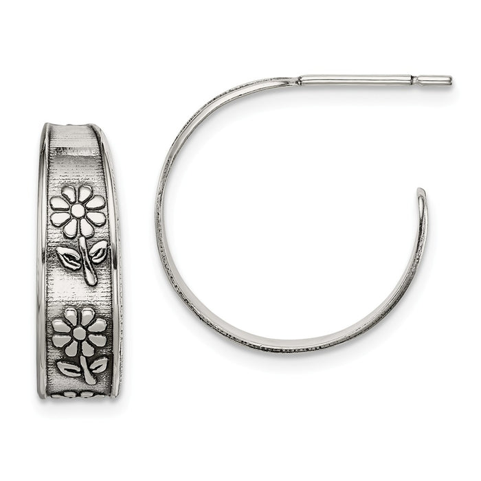 925 Sterling Silver Antiqued Flower Hoop Earrings,