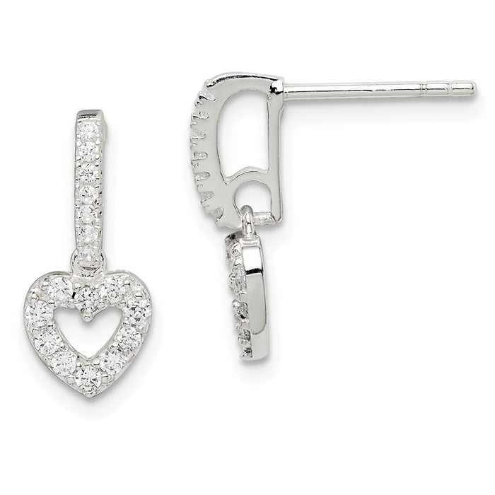 925 Sterling Silver Cubic Zirconia ( CZ ) Heart Dangle Post Earrings,