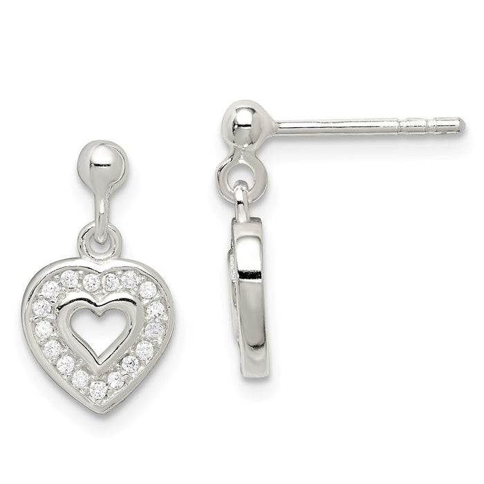 925 Sterling Silver Cubic Zirconia ( CZ ) Heart Post Dangle Earrings,