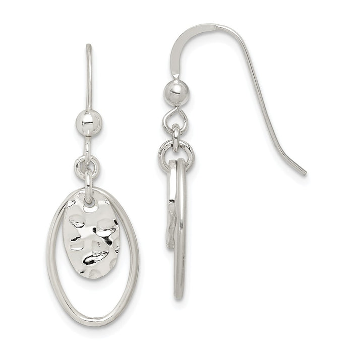925 Sterling Silver Hammered Oval Dangle Earrings, 31.25mm x 10.56mm