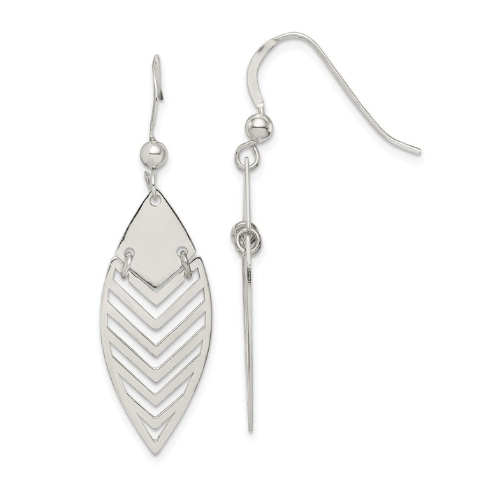 925 Sterling Silver Polished Leaf Dangle Earrings, 42.6mm x 12.43mm