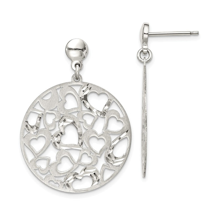 925 Sterling Silver Brushed Hearts Dangle Earrings, 34.15mm x 24.9mm