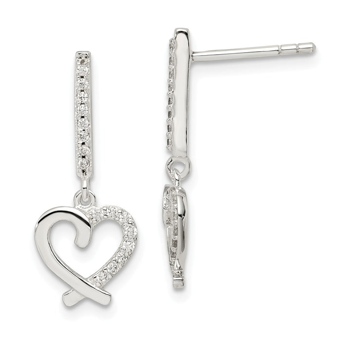 925 Sterling Silver Cubic Zirconia ( CZ ) Dangle Heart Post Earrings,