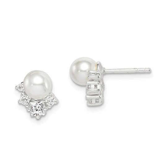 925 Sterling Silver Cubic Zirconia ( CZ ) & Glass Pearl Post Earrings,