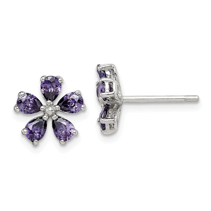 925 Sterling Silver Purple Cubic Zirconia ( CZ ) Flower Post Earrings,