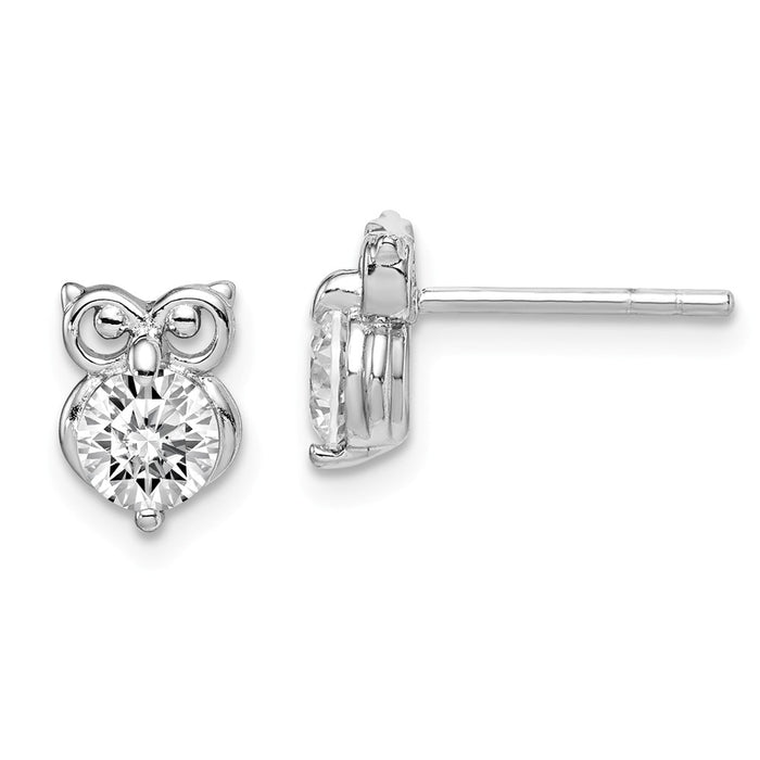 925 Sterling Silver Rhodium-Plated Cubic Zirconia ( CZ ) Owl Earrings,