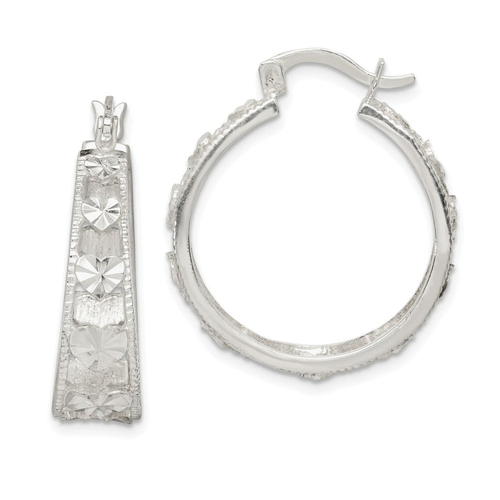 925 Sterling Silver Diamond-cut Heart Hoop Earrings, 27.15mm x 24.2mm