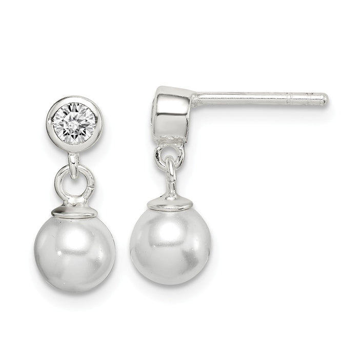 925 Sterling Silver Cubic Zirconia ( CZ ) & Glass Pearl Dangle Earrings,