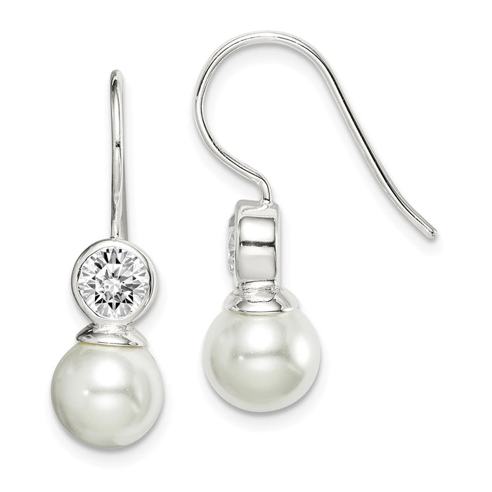 925 Sterling Silver Cubic Zirconia ( CZ ) & Glass Pearl Dangle Earrings,