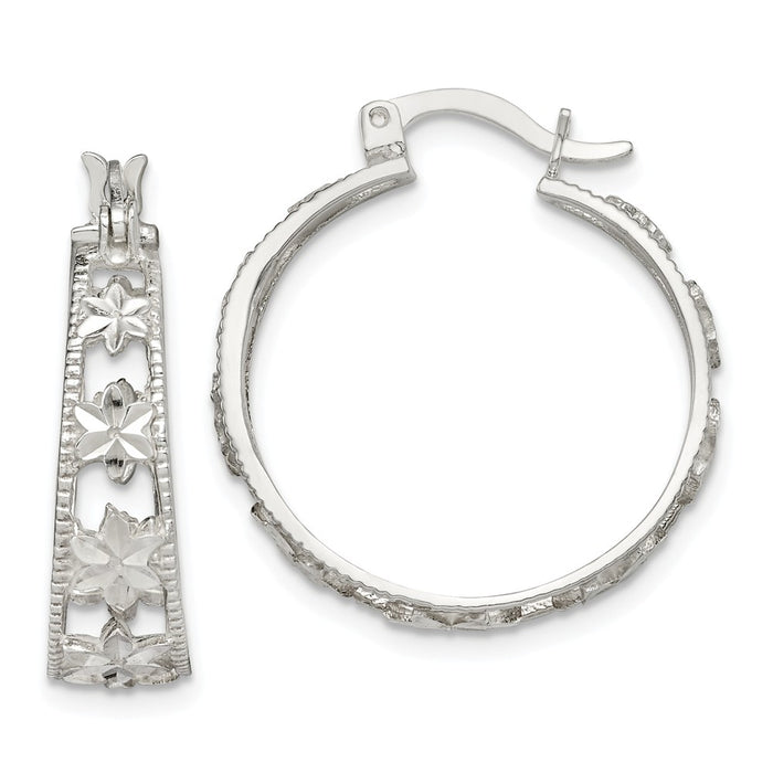 925 Sterling Silver Diamond-cut Flower Hoop Earrings, 25.4mm x 23.75mm