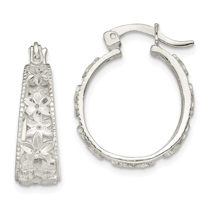 925 Sterling Silver Diamond-cut Flower Hoop Earrings, 21.21mm x 17.75mm