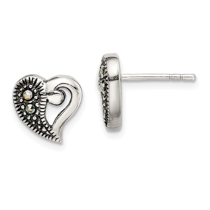 925 Sterling Silver Antiqued Marcasite Heart Earrings,
