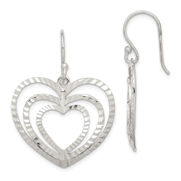 925 Sterling Silver Diamond-cut Heart Dangle Earrings,