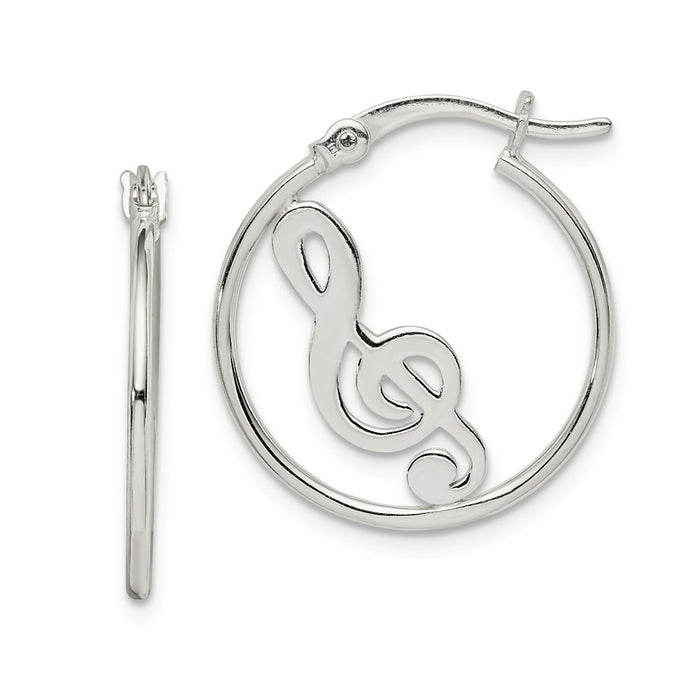 925 Sterling Silver Polished Music Note Hoop Earrings,