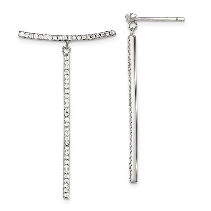 925 Sterling Silver White Cubic Zirconia ( CZ ) Dangle Bar Post Earrings,