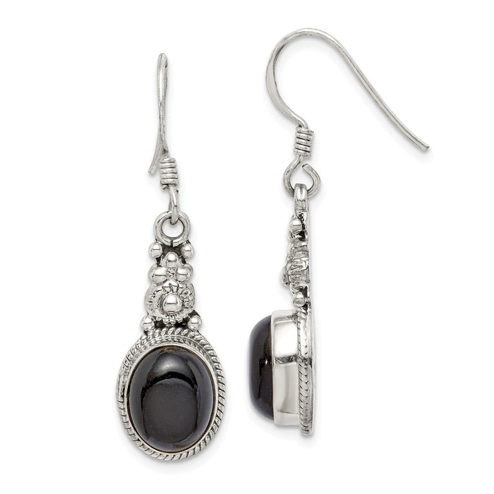 925 Sterling Silver Antiqued Oval Onyx Dangle Earrings,