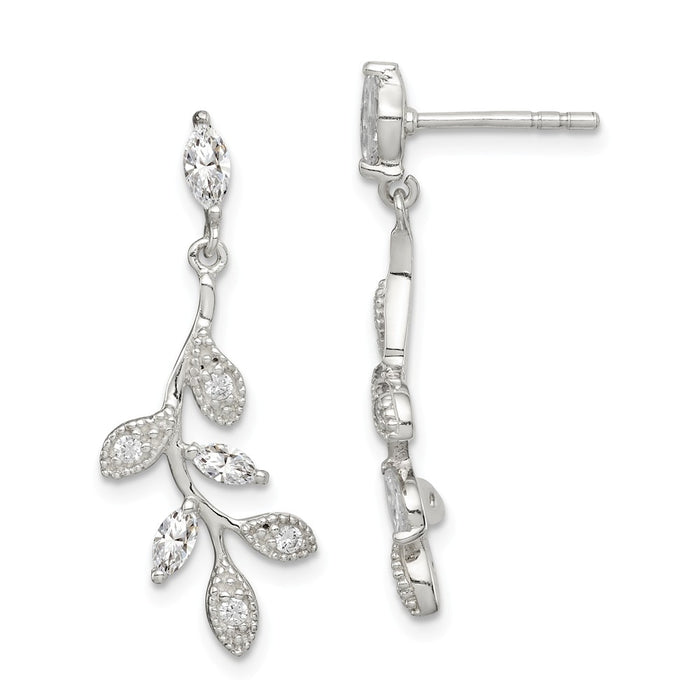 925 Sterling Silver Cubic Zirconia ( CZ ) Branch & Leaves Dangle Earrings,