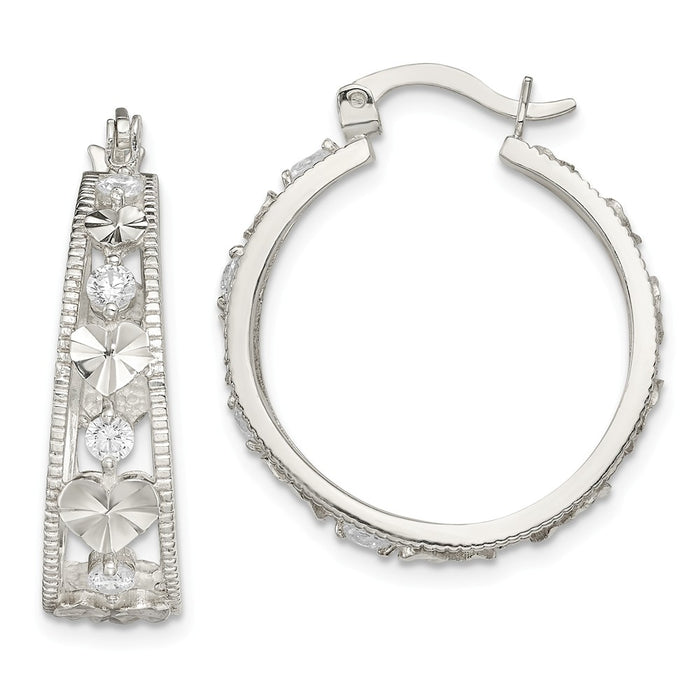 925 Sterling Silver Cubic Zirconia ( CZ ) Diamond-cut Heart Hoop Earrings,