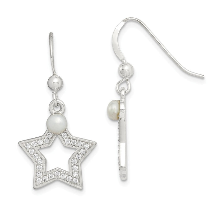 925 Sterling Silver Freshwater Cultured Pearl & Cubic Zirconia ( CZ ) Star Dangle Earrings,