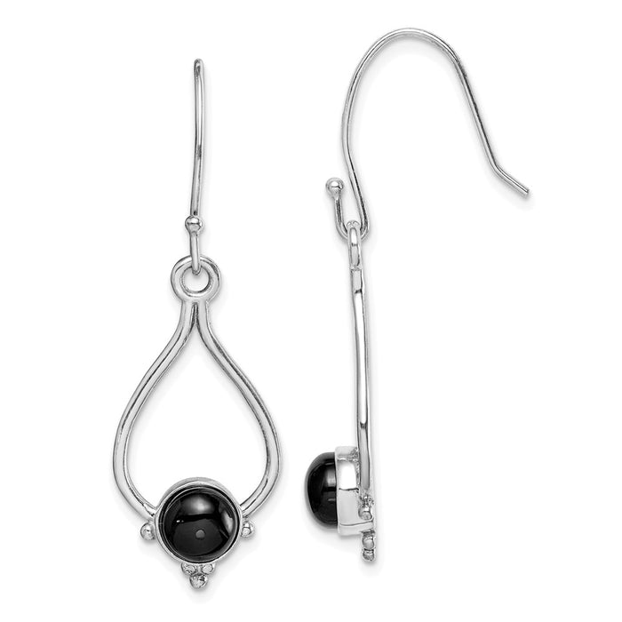 925 Sterling Silver Rhodium-plated Round Onyx Teardrop Dangle Earrings,