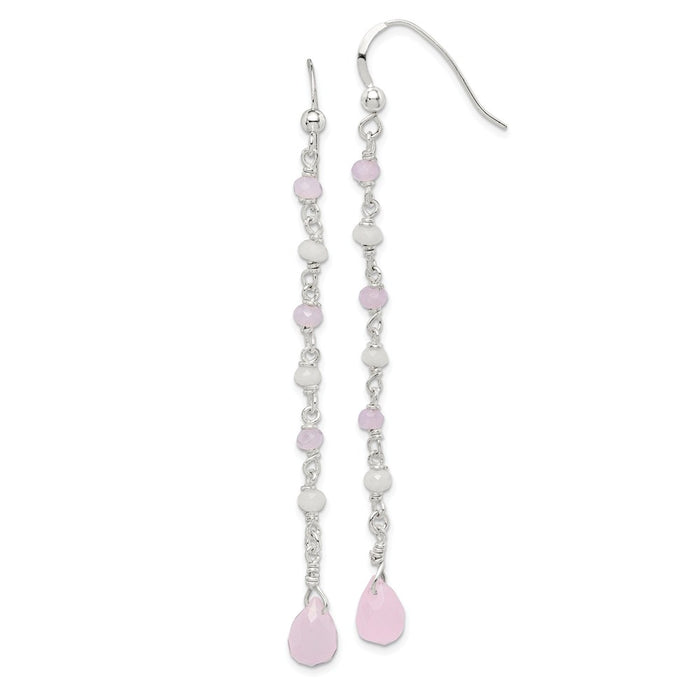 925 Sterling Silver Pink and White Glass Dangle Earrings,