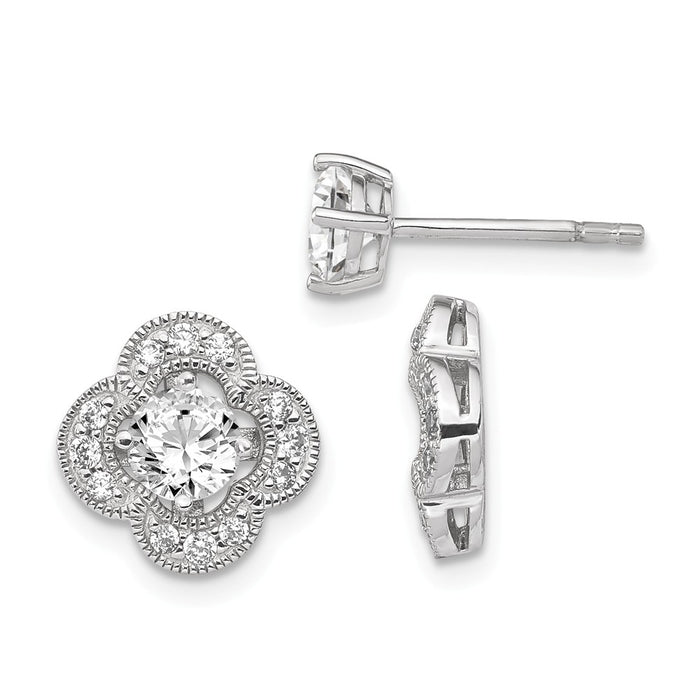 925 Sterling Silver Rhodium-plated 5mm Round Cubic Zirconia ( CZ ) Earrings with Flower Jackets, 10.03mm x 10.05mm