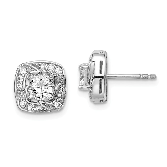 925 Sterling Silver Rhodium-plated 5mm Round Cubic Zirconia ( CZ ) Earrings with Square Jackets, 9.9mm x 9.92mm