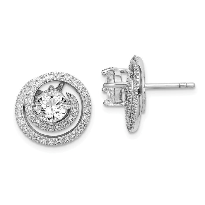 925 Sterling Silver Rhodium-plated 6mm Round Cubic Zirconia ( CZ ) Earrings with Swirl Jackets, 14.05mm x 14.31mm