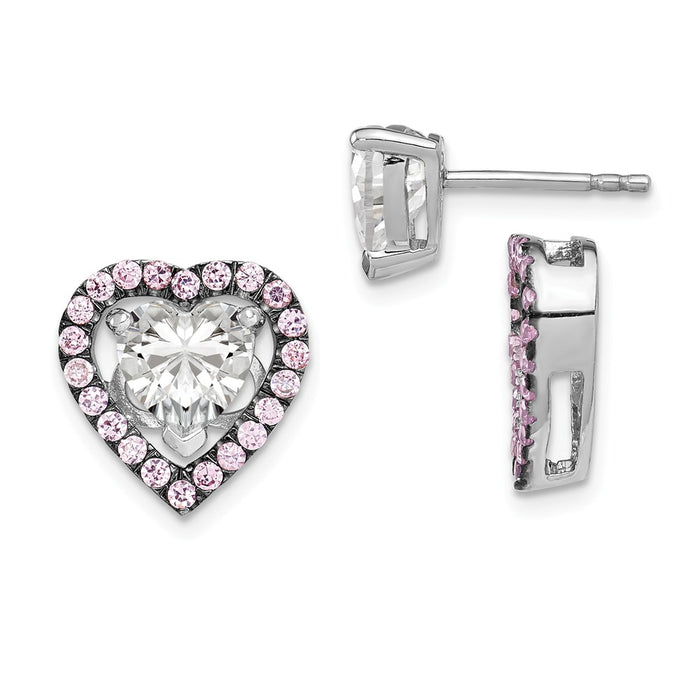 925 Sterling Silver Rhodium-plated 7mm Heart Cubic Zirconia ( CZ ) Earrings & Pink Heart Jackets, 13.27mm x 13.06mm