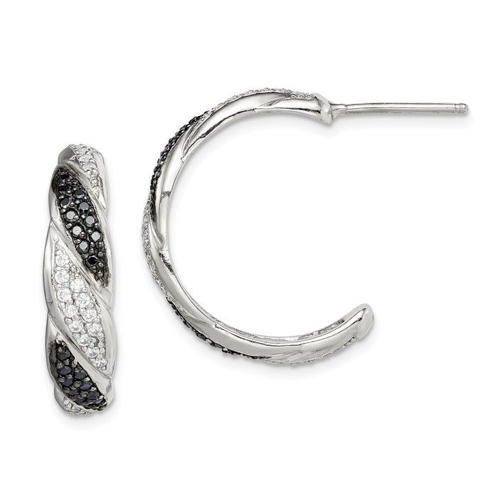925 Sterling Silver Black & White Cubic Zirconia ( CZ ) J Hoop Stud Earrings,