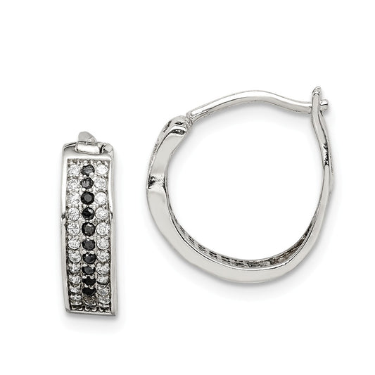 925 Sterling Silver Clear & Black Cubic Zirconia ( CZ ) Hinged Hoop Earrings,