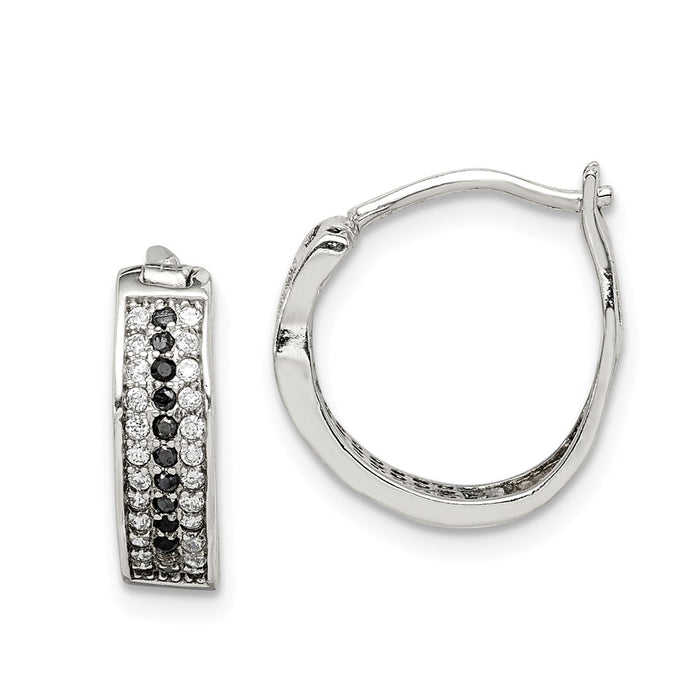 925 Sterling Silver Clear & Black Cubic Zirconia ( CZ ) Hinged Hoop Earrings,