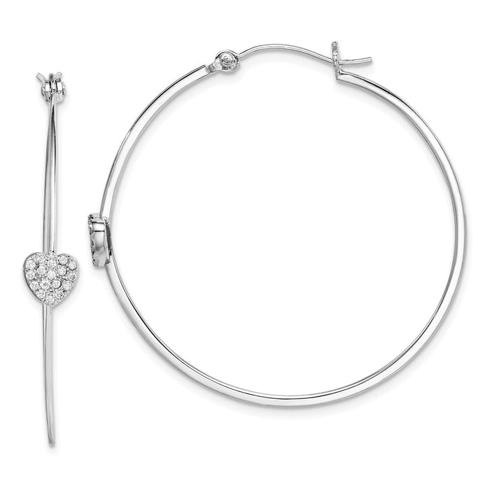 925 Sterling Silver Rhodium-plated Cubic Zirconia ( CZ ) Heart Hoop Earrings, 0.7mm