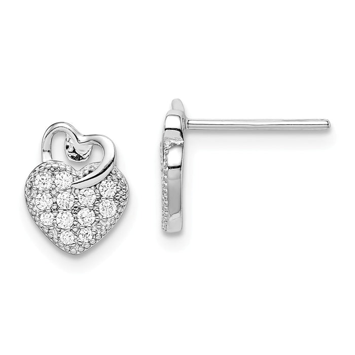 925 Sterling Silver Rhodium-Plated Cubic Zirconia ( CZ ) Hearts Post Earrings, 8.63mm x 7.5mm