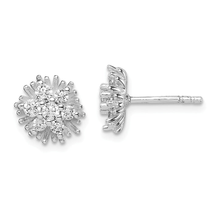925 Sterling Silver Rhodium-Plated Cubic Zirconia ( CZ ) Post Flower Earrings, 9.43mm x 9.08mm