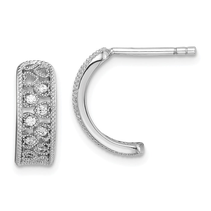 925 Sterling Silver Rhodium-plated Cubic Zirconia ( CZ ) C-Hoop Post Earrings, 14.55mm x 5.2mm