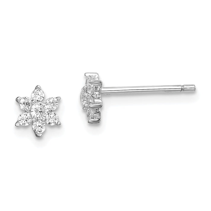 925 Sterling Silver Rhodium-plated Cubic Zirconia ( CZ ) Flower Post Earrings, 4.33mm x 5mm