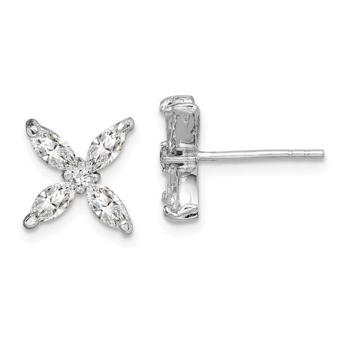 925 Sterling Silver Rhodium-plated Cubic Zirconia ( CZ ) Flower Post Earrings, 13.21mm x 13.21mm