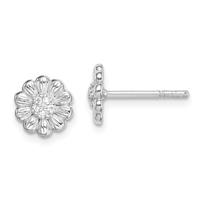 925 Sterling Silver Rhodium-Plated Cubic Zirconia ( CZ ) Flower Post Earrings, 7.75mm x 7.75mm