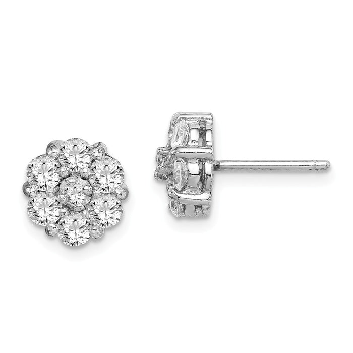 925 Sterling Silver Rhodium-plated Cubic Zirconia ( CZ ) Flower Cluster Post Earrings, 9.18mm x 9.18mm