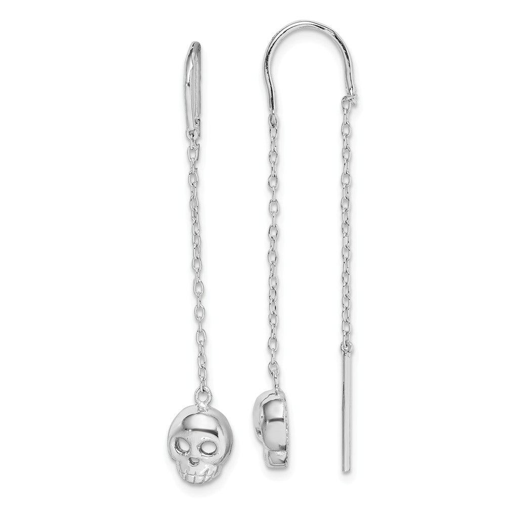 925 Sterling Silver Rhodium-plated Skull Threader Earrings, 44.8mm x 6.65mm