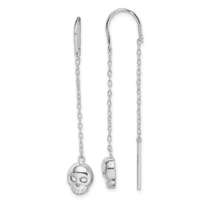 925 Sterling Silver Rhodium-plated Skull Threader Earrings, 44.8mm x 6.65mm