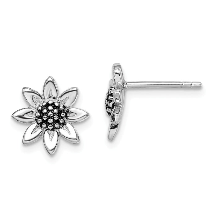 925 Sterling Silver Rhodium-plated Sunflower Post Earring, 10.95mm x 10.95mm